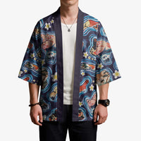 Hawaii Islands Map Design with Japanese Landscape Kimono Hawaiian Japan Fusion Art Navy Color