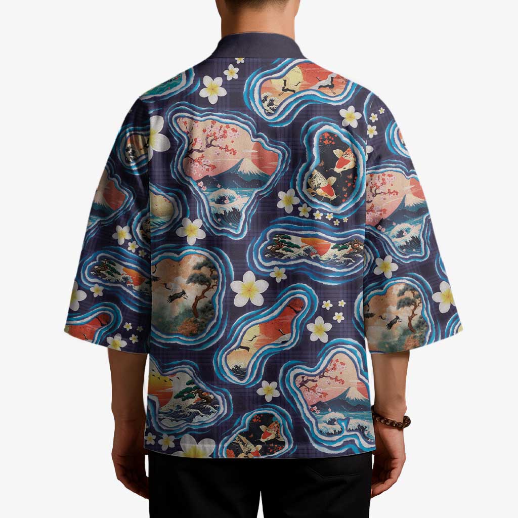 Hawaii Islands Map Design with Japanese Landscape Kimono Hawaiian Japan Fusion Art Navy Color