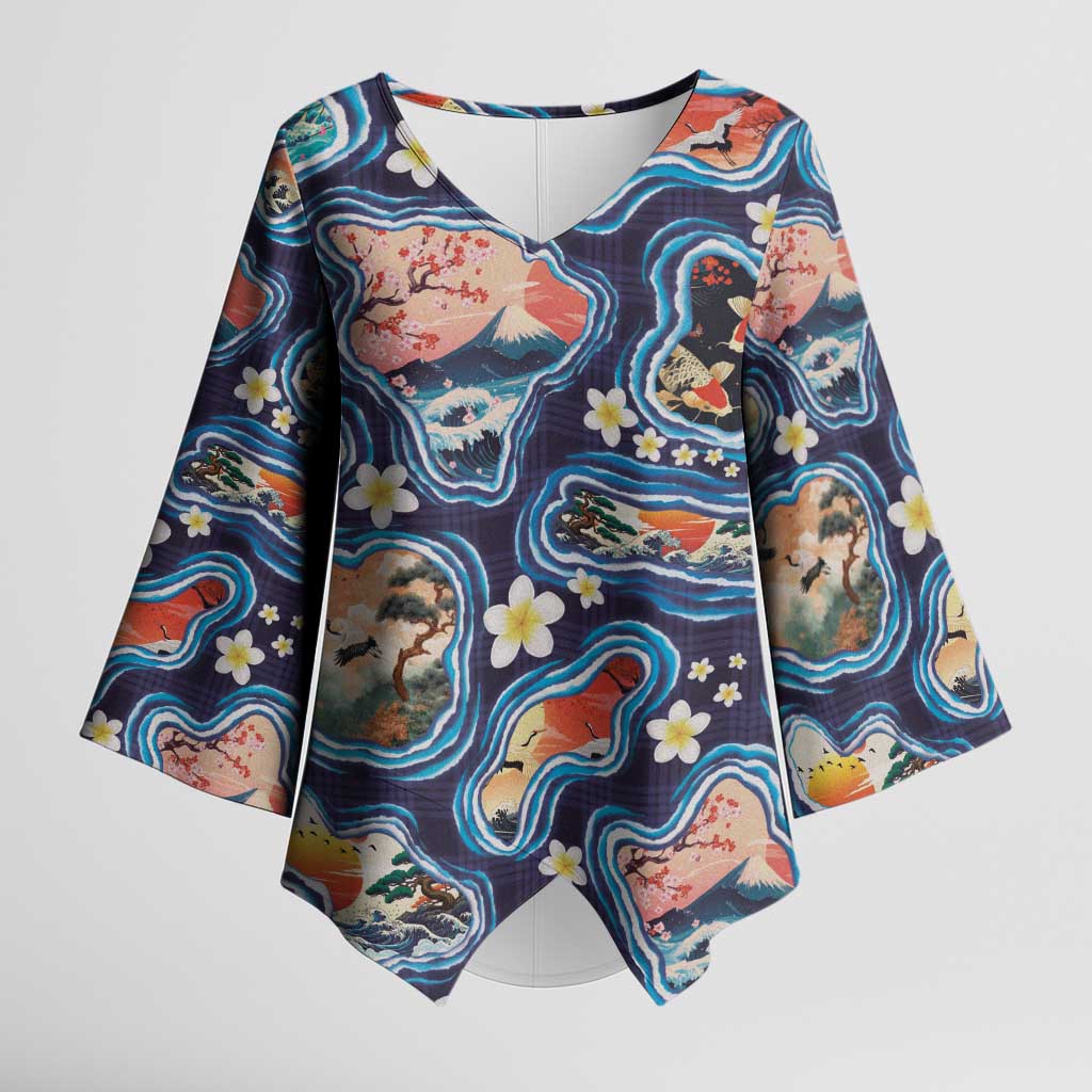 Hawaii Islands Map Design with Japanese Landscape Kimono Sleeve Blouse Hawaiian Japan Fusion Art Navy Color