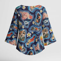 Hawaii Islands Map Design with Japanese Landscape Kimono Sleeve Blouse Hawaiian Japan Fusion Art Navy Color