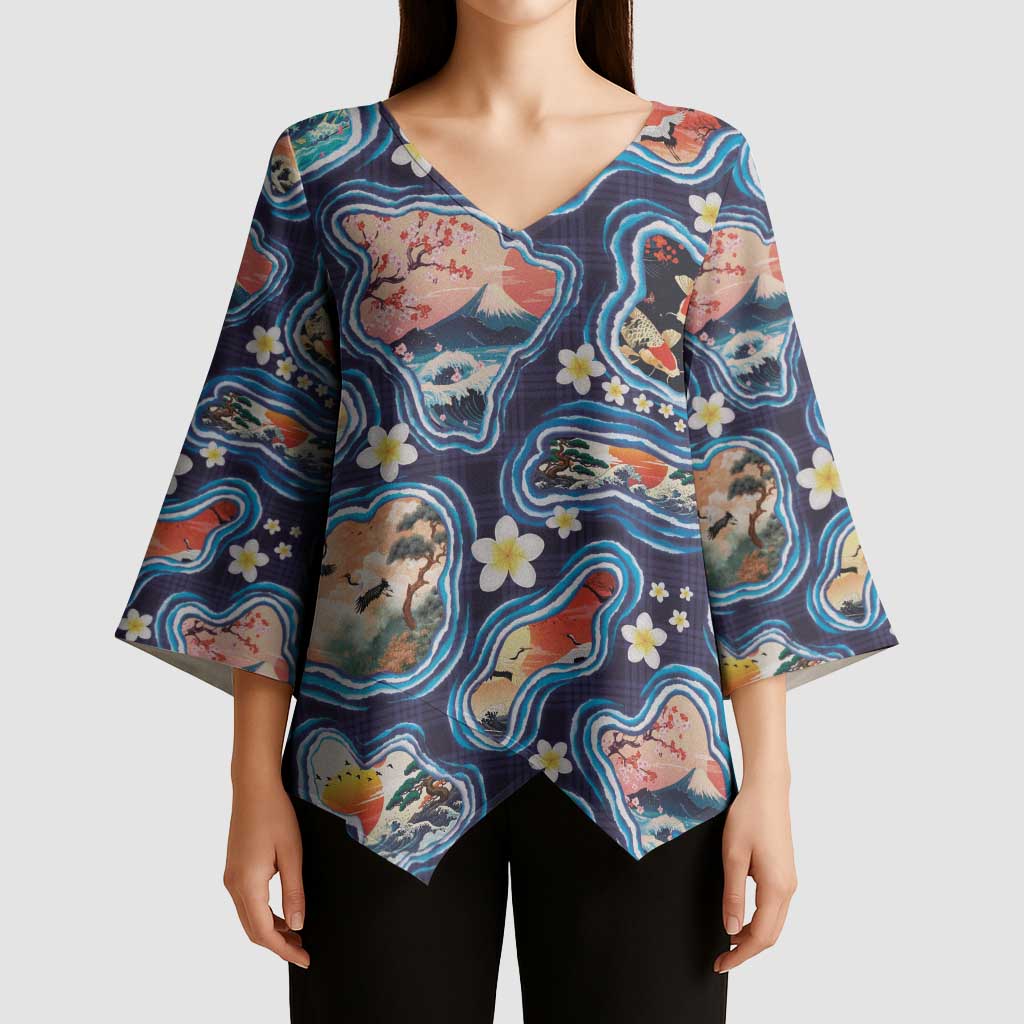 Hawaii Islands Map Design with Japanese Landscape Kimono Sleeve Blouse Hawaiian Japan Fusion Art Navy Color