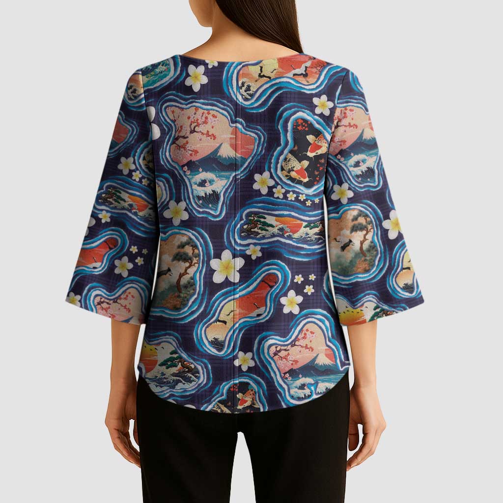 Hawaii Islands Map Design with Japanese Landscape Kimono Sleeve Blouse Hawaiian Japan Fusion Art Navy Color