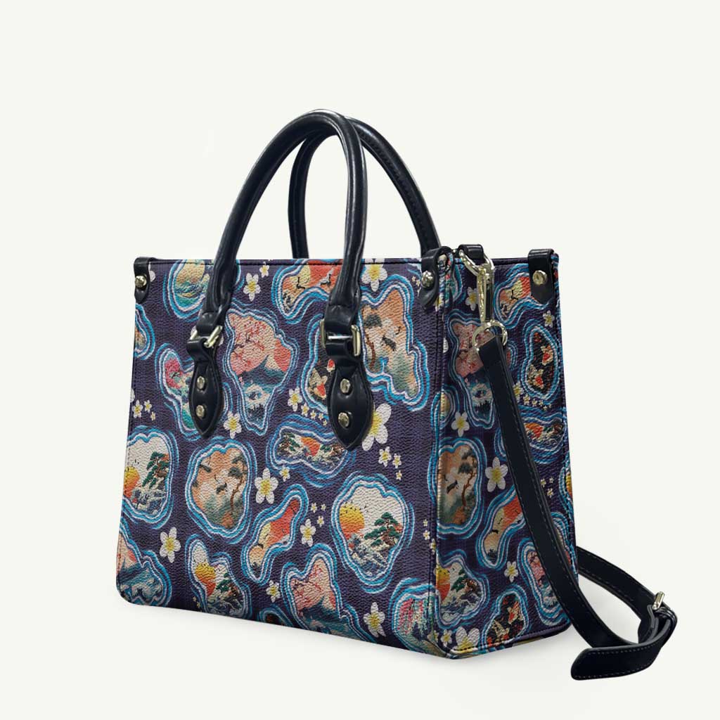 Hawaii Islands Map Design with Japanese Landscape Leather Bag Hawaiian Japan Fusion Art Navy Color