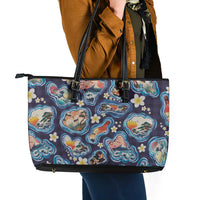 Hawaii Islands Map Design with Japanese Landscape Leather Tote Bag Hawaiian Japan Fusion Art Navy Color LT03 - Polynesian Pride