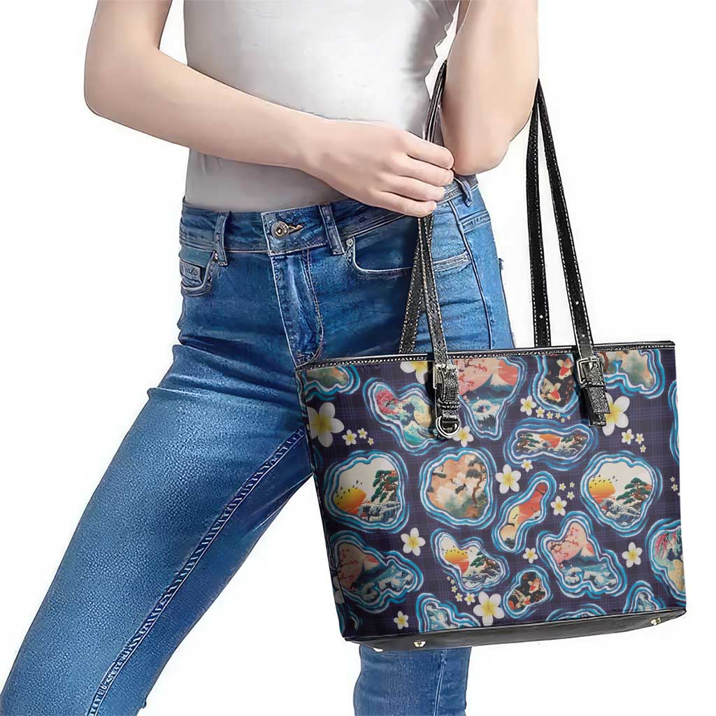 Hawaii Islands Map Design with Japanese Landscape Leather Tote Bag Hawaiian Japan Fusion Art Navy Color LT03 - Polynesian Pride