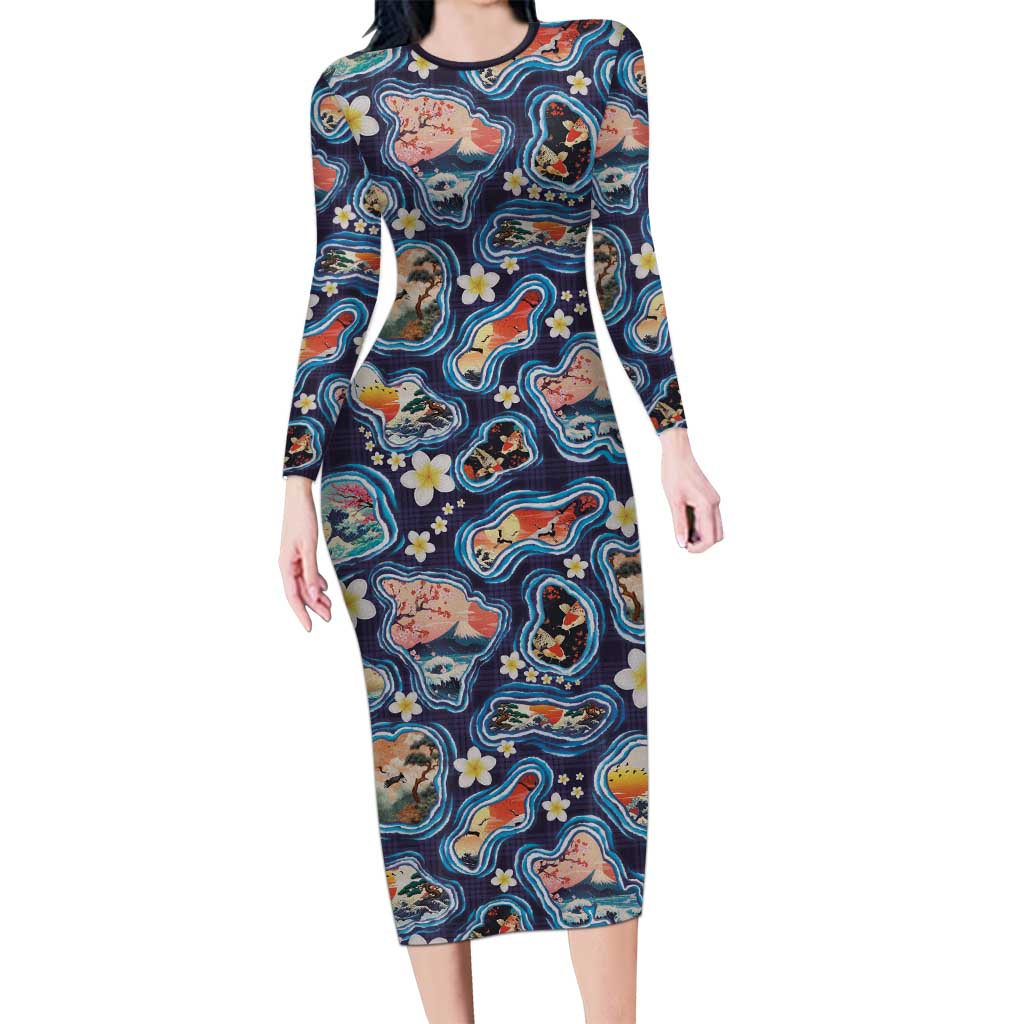 Hawaii Islands Map Design with Japanese Landscape Long Sleeve Bodycon Dress Hawaiian Japan Fusion Art Navy Color LT03 Long Dress Navy - Polynesian Pride