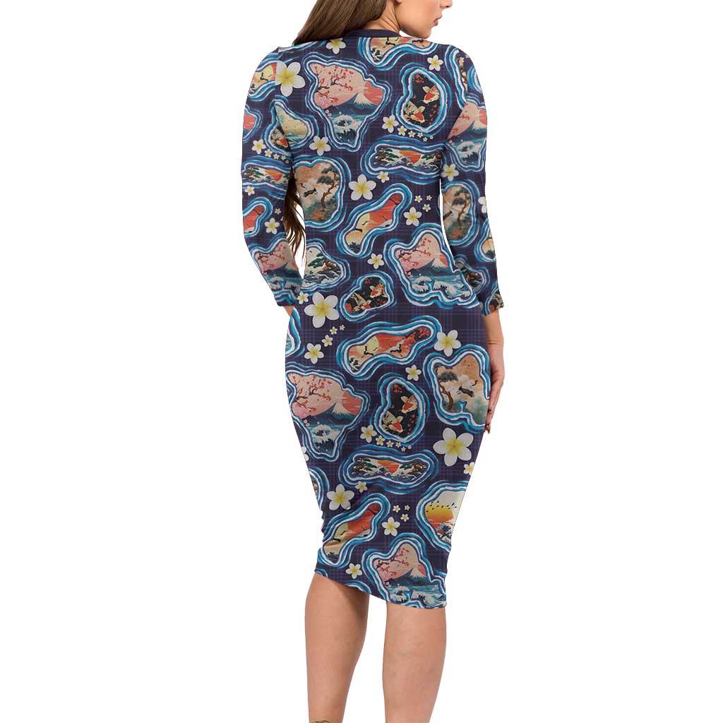 Hawaii Islands Map Design with Japanese Landscape Long Sleeve Bodycon Dress Hawaiian Japan Fusion Art Navy Color LT03 - Polynesian Pride