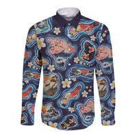 Hawaii Islands Map Design with Japanese Landscape Long Sleeve Button Shirt Hawaiian Japan Fusion Art Navy Color