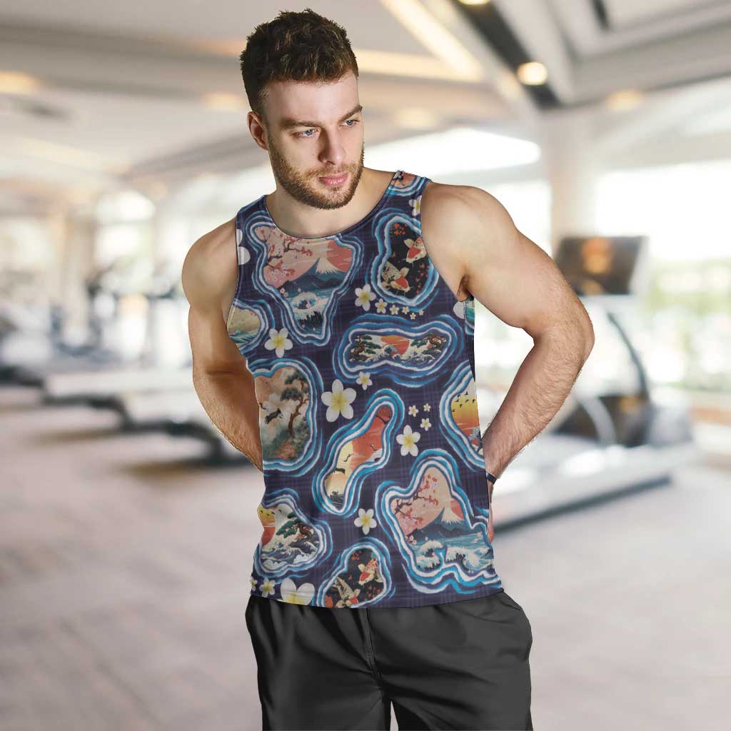 Hawaii Islands Map Design with Japanese Landscape Men Tank Top Hawaiian Japan Fusion Art Navy Color