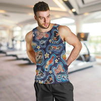Hawaii Islands Map Design with Japanese Landscape Men Tank Top Hawaiian Japan Fusion Art Navy Color