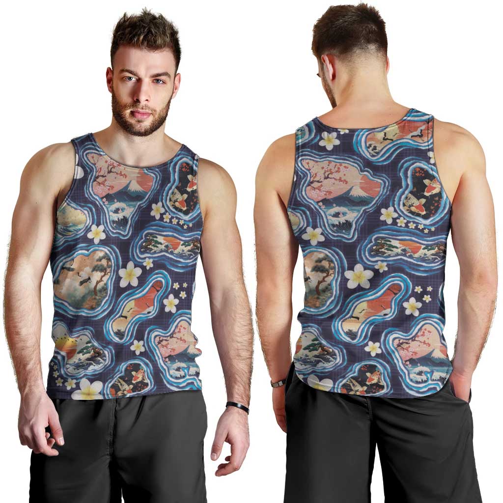 Hawaii Islands Map Design with Japanese Landscape Men Tank Top Hawaiian Japan Fusion Art Navy Color