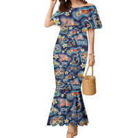 Hawaii Islands Map Design with Japanese Landscape Mermaid Dress Hawaiian Japan Fusion Art Navy Color LT03 Women Navy - Polynesian Pride