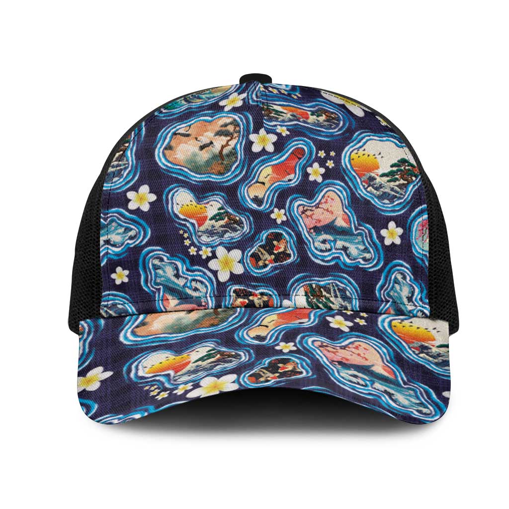 Hawaii Islands Map Design with Japanese Landscape Mesh Trucker Cap Hawaiian Japan Fusion Art Navy Color