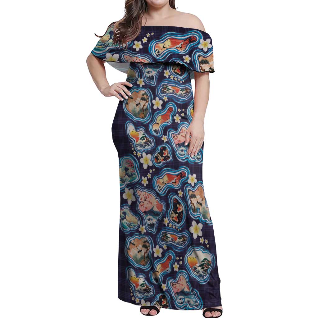 Hawaii Islands Map Design with Japanese Landscape Off Shoulder Maxi Dress Hawaiian Japan Fusion Art Navy Color