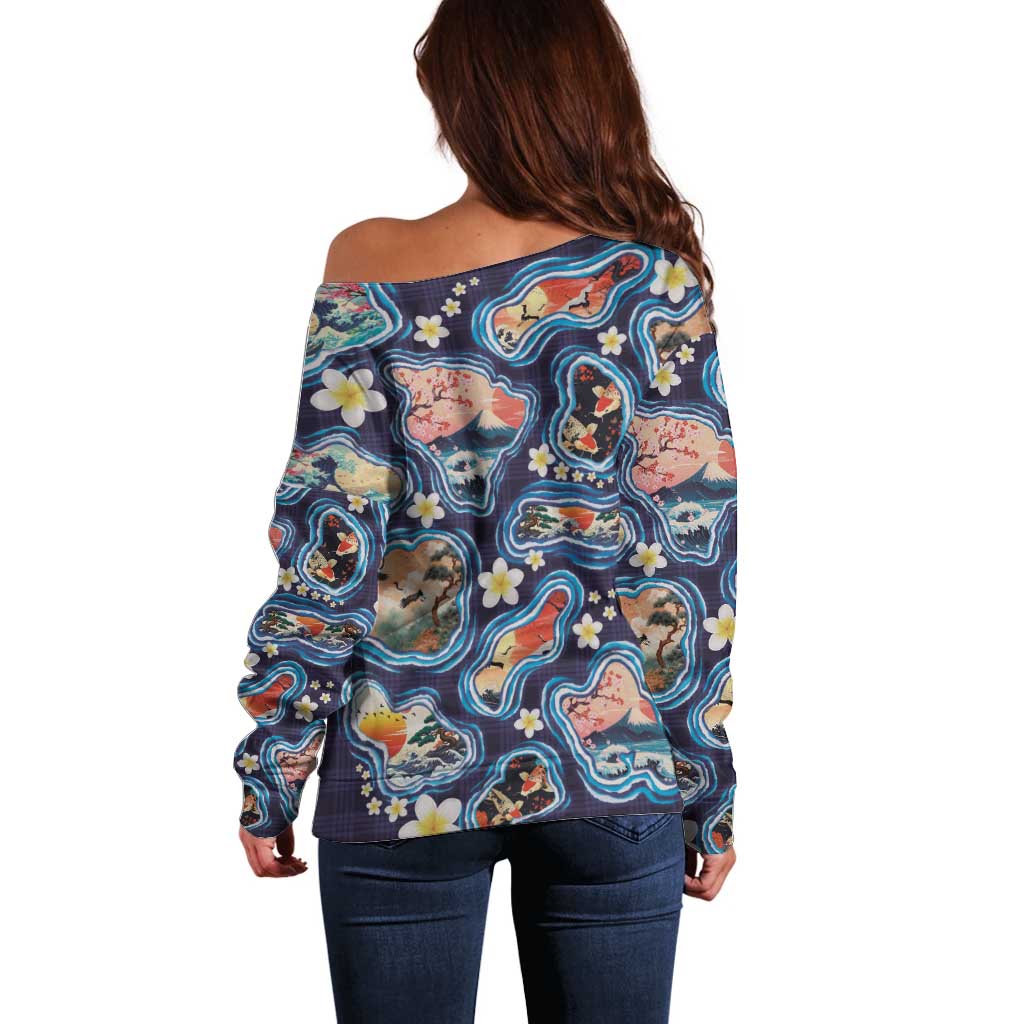 Hawaii Islands Map Design with Japanese Landscape Off Shoulder Sweater Hawaiian Japan Fusion Art Navy Color