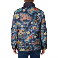 Hawaii Islands Map Design with Japanese Landscape Padded Jacket Hawaiian Japan Fusion Art Navy Color