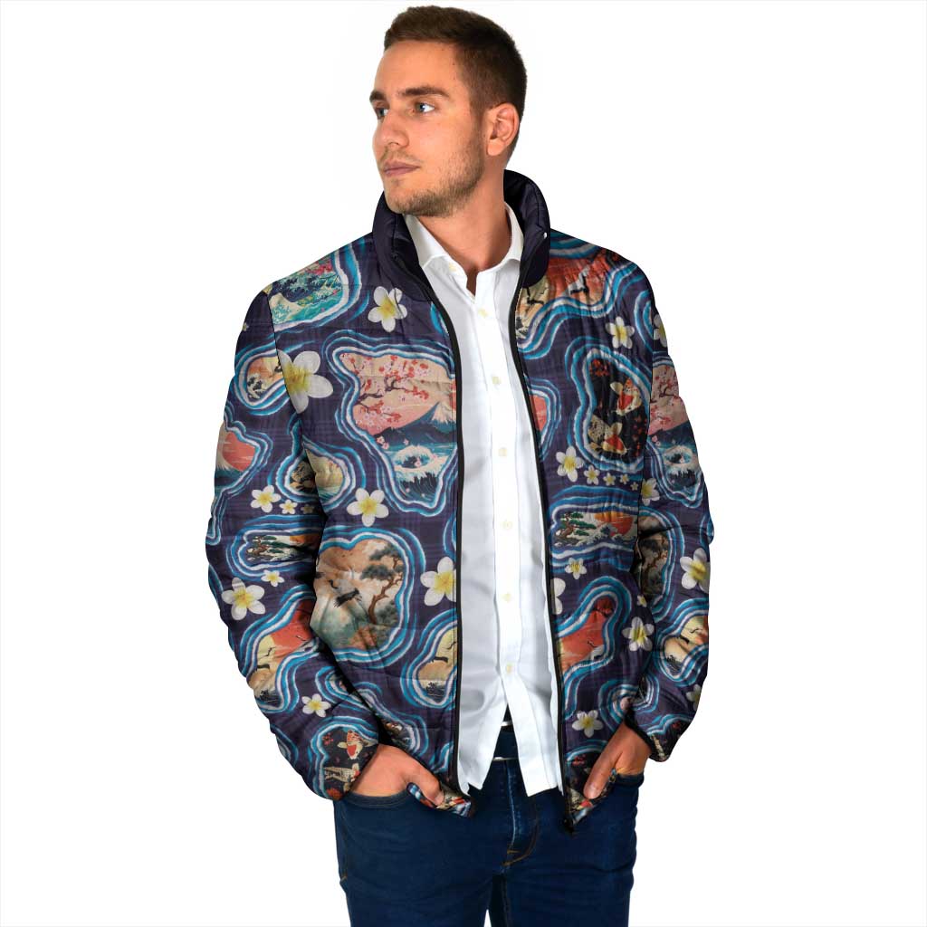 Hawaii Islands Map Design with Japanese Landscape Padded Jacket Hawaiian Japan Fusion Art Navy Color