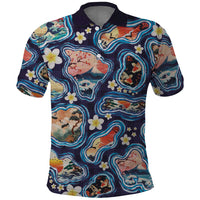 Hawaii Islands Map Design with Japanese Landscape Polo Shirt Hawaiian Japan Fusion Art Navy Color