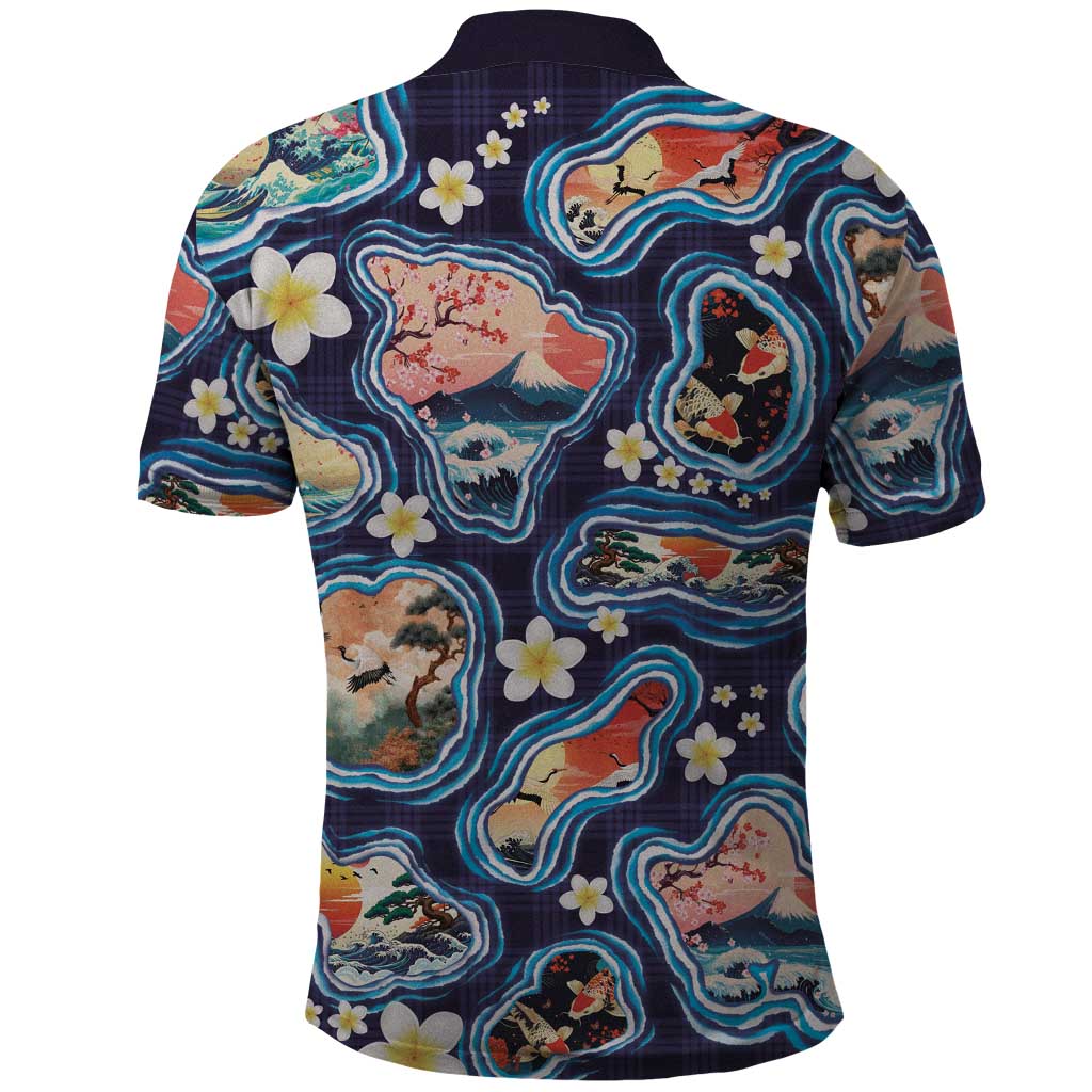 Hawaii Islands Map Design with Japanese Landscape Polo Shirt Hawaiian Japan Fusion Art Navy Color