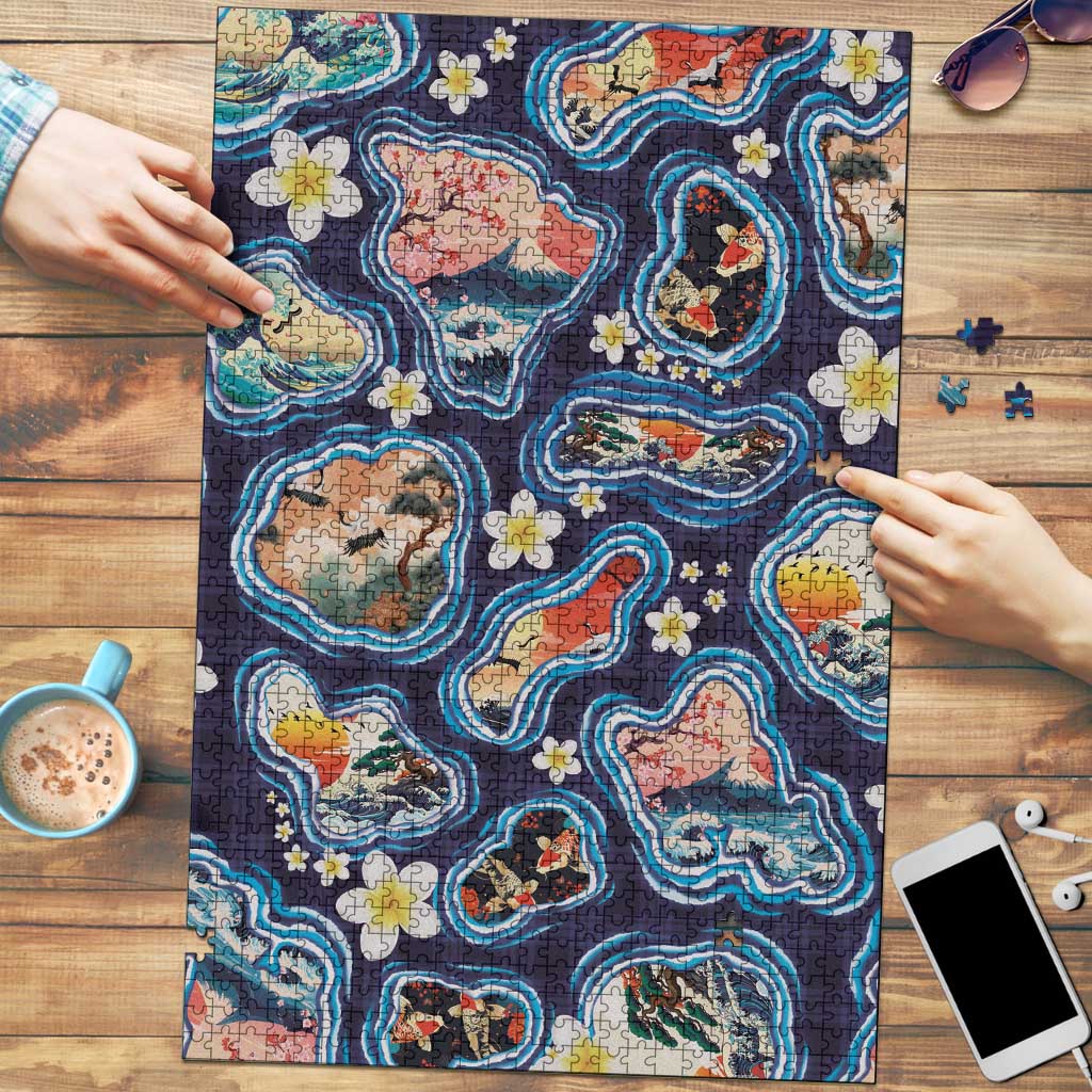 Hawaii Islands Map Design with Japanese Landscape Puzzle Hawaiian Japan Fusion Art Navy Color