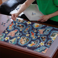 Hawaii Islands Map Design with Japanese Landscape Puzzle Hawaiian Japan Fusion Art Navy Color