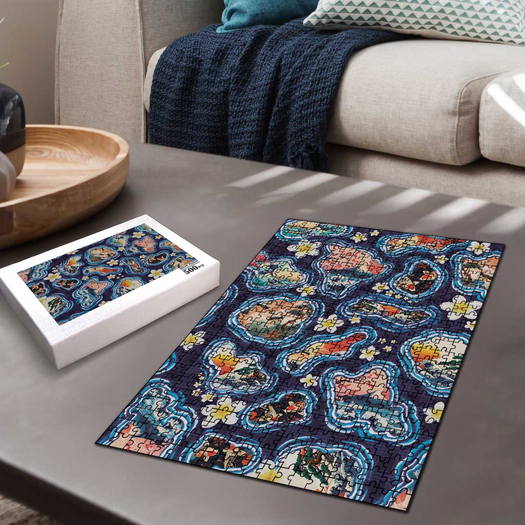 Hawaii Islands Map Design with Japanese Landscape Puzzle Hawaiian Japan Fusion Art Navy Color