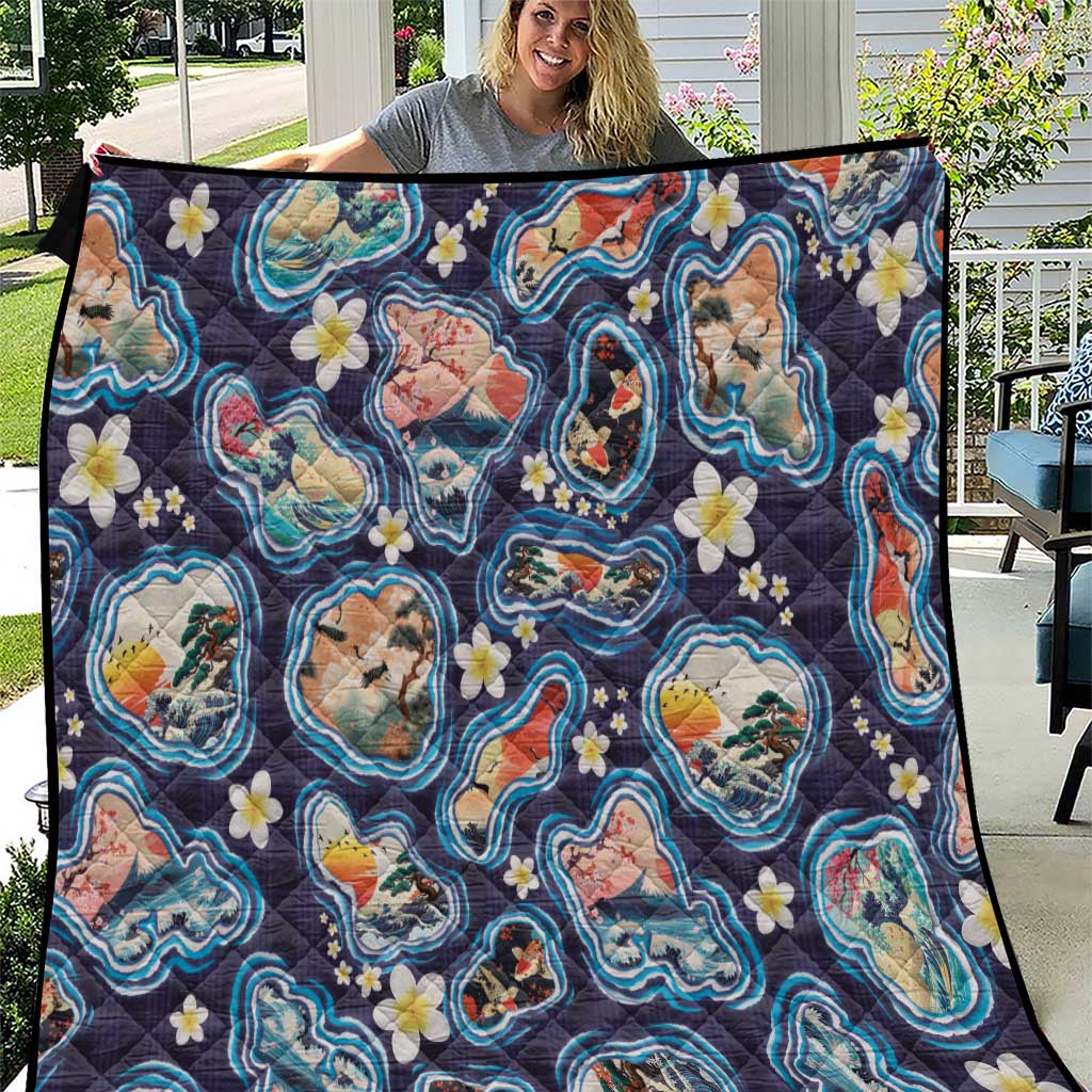 Hawaii Islands Map Design with Japanese Landscape Quilt Hawaiian Japan Fusion Art Navy Color