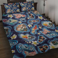 Hawaii Islands Map Design with Japanese Landscape Quilt Bed Set Hawaiian Japan Fusion Art Navy Color