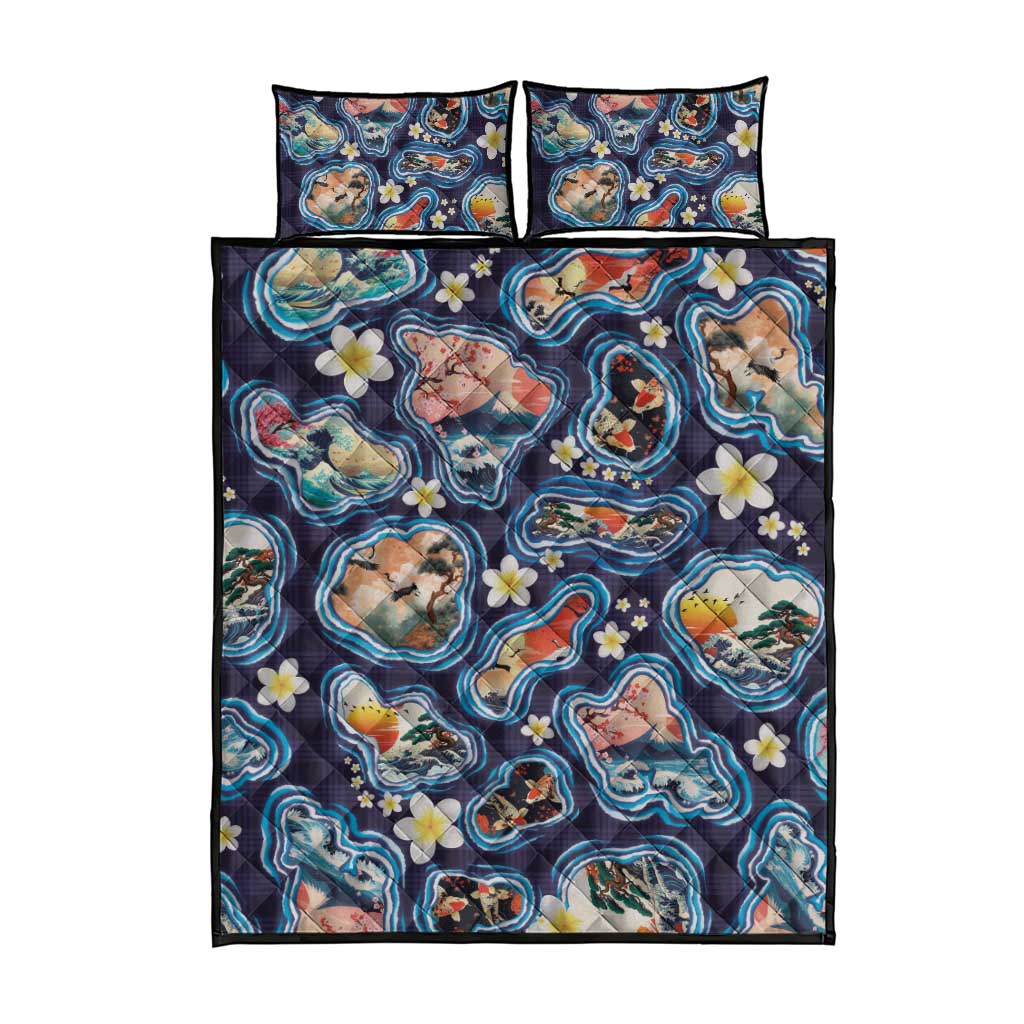 Hawaii Islands Map Design with Japanese Landscape Quilt Bed Set Hawaiian Japan Fusion Art Navy Color