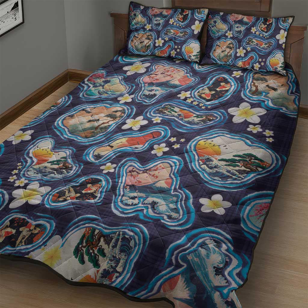 Hawaii Islands Map Design with Japanese Landscape Quilt Bed Set Hawaiian Japan Fusion Art Navy Color