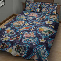Hawaii Islands Map Design with Japanese Landscape Quilt Bed Set Hawaiian Japan Fusion Art Navy Color