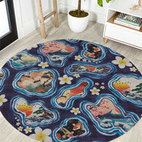Hawaii Islands Map Design with Japanese Landscape Round Carpet Hawaiian Japan Fusion Art Navy Color