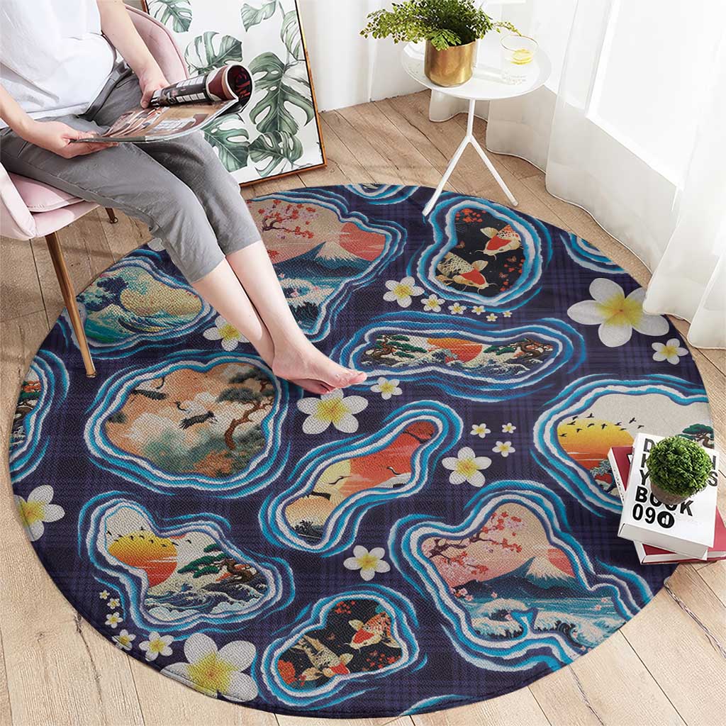 Hawaii Islands Map Design with Japanese Landscape Round Carpet Hawaiian Japan Fusion Art Navy Color