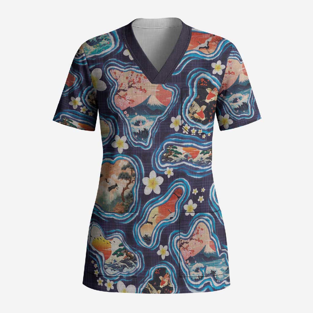 Hawaii Islands Map Design with Japanese Landscape Scrub Top Hawaiian Japan Fusion Art Navy Color