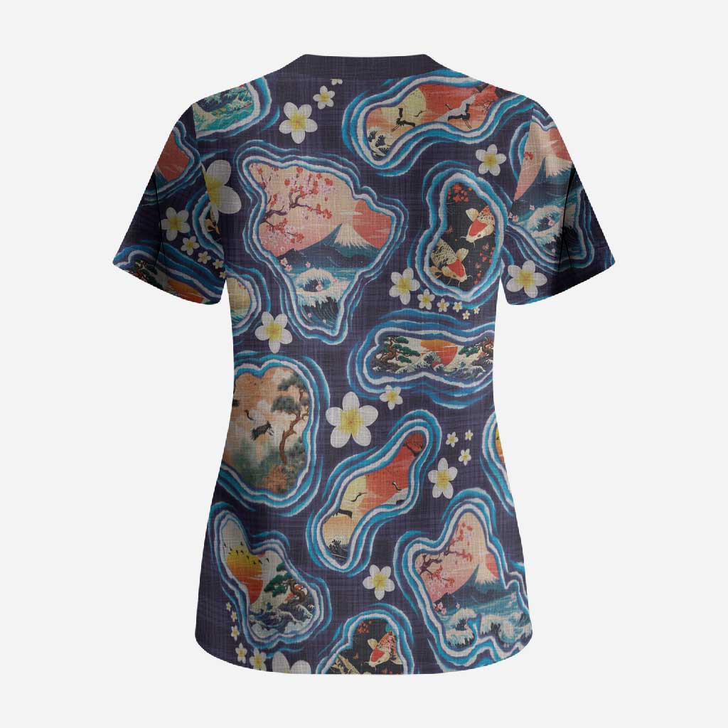 Hawaii Islands Map Design with Japanese Landscape Scrub Top Hawaiian Japan Fusion Art Navy Color