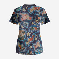 Hawaii Islands Map Design with Japanese Landscape Scrub Top Hawaiian Japan Fusion Art Navy Color