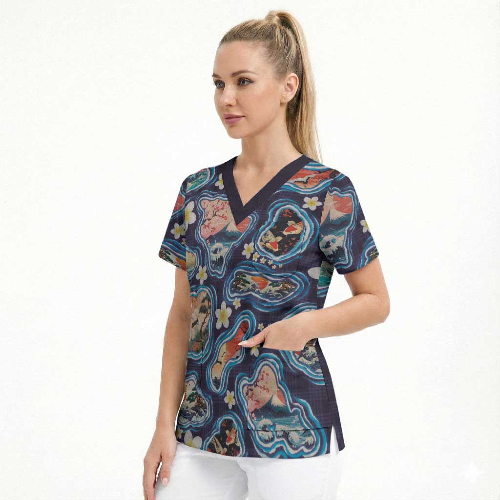 Hawaii Islands Map Design with Japanese Landscape Scrub Top Hawaiian Japan Fusion Art Navy Color