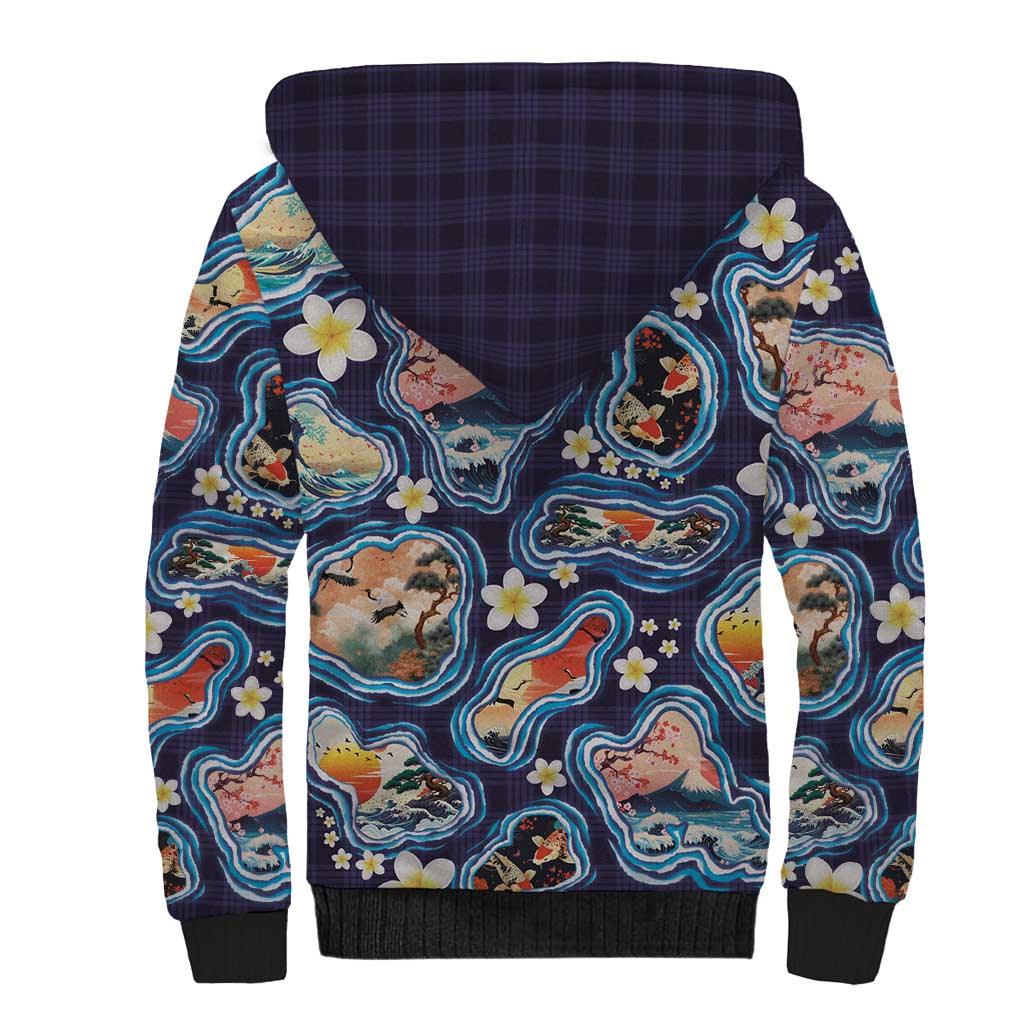 Hawaii Islands Map Design with Japanese Landscape Sherpa Hoodie Hawaiian Japan Fusion Art Navy Color LT03 - Polynesian Pride