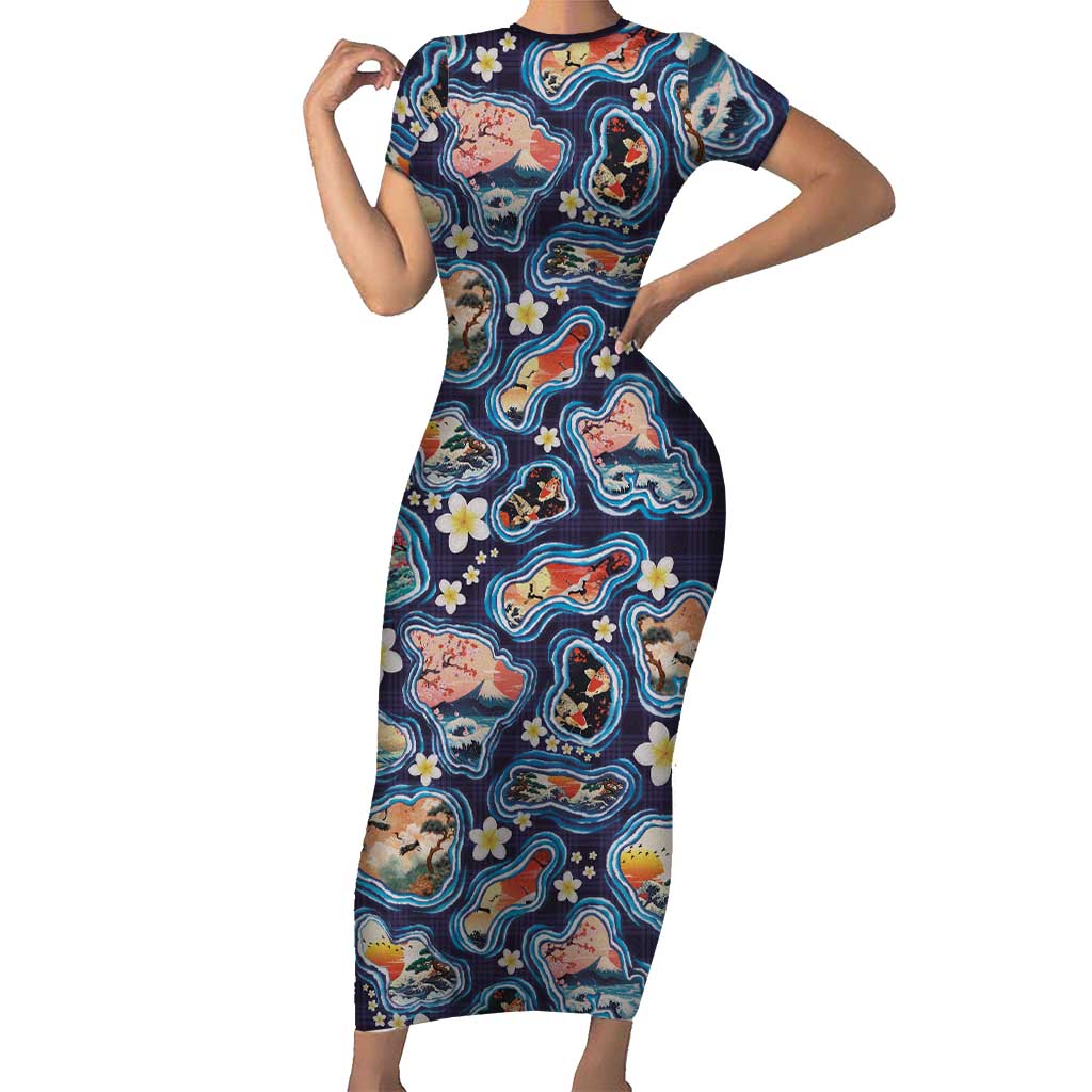Hawaii Islands Map Design with Japanese Landscape Short Sleeve Bodycon Dress Hawaiian Japan Fusion Art Navy Color LT03 Long Dress Navy - Polynesian Pride