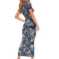 Hawaii Islands Map Design with Japanese Landscape Short Sleeve Bodycon Dress Hawaiian Japan Fusion Art Navy Color LT03 - Polynesian Pride