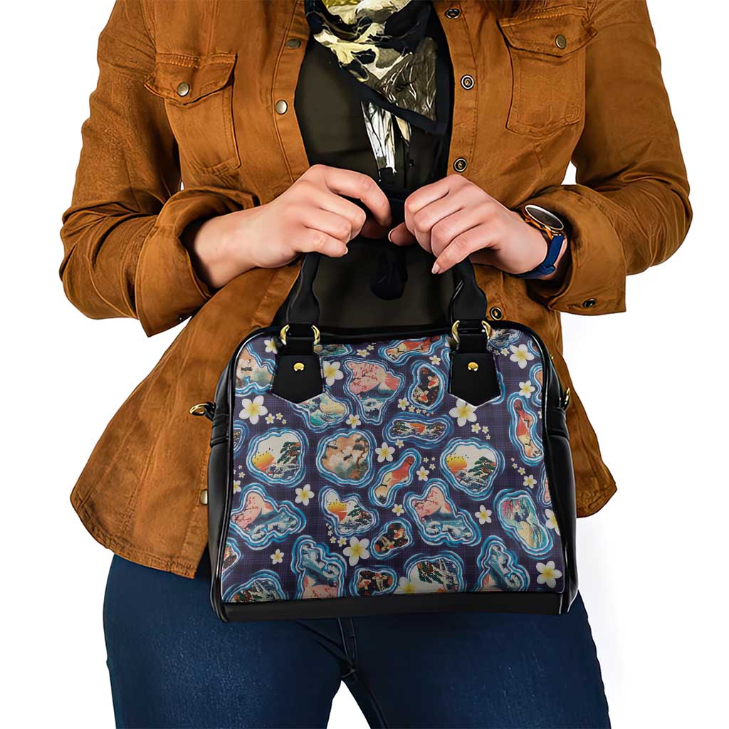 Hawaii Islands Map Design with Japanese Landscape Shoulder Handbag Hawaiian Japan Fusion Art Navy Color