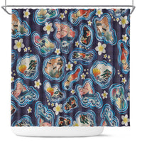 Hawaii Islands Map Design with Japanese Landscape Shower Curtain Hawaiian Japan Fusion Art Navy Color