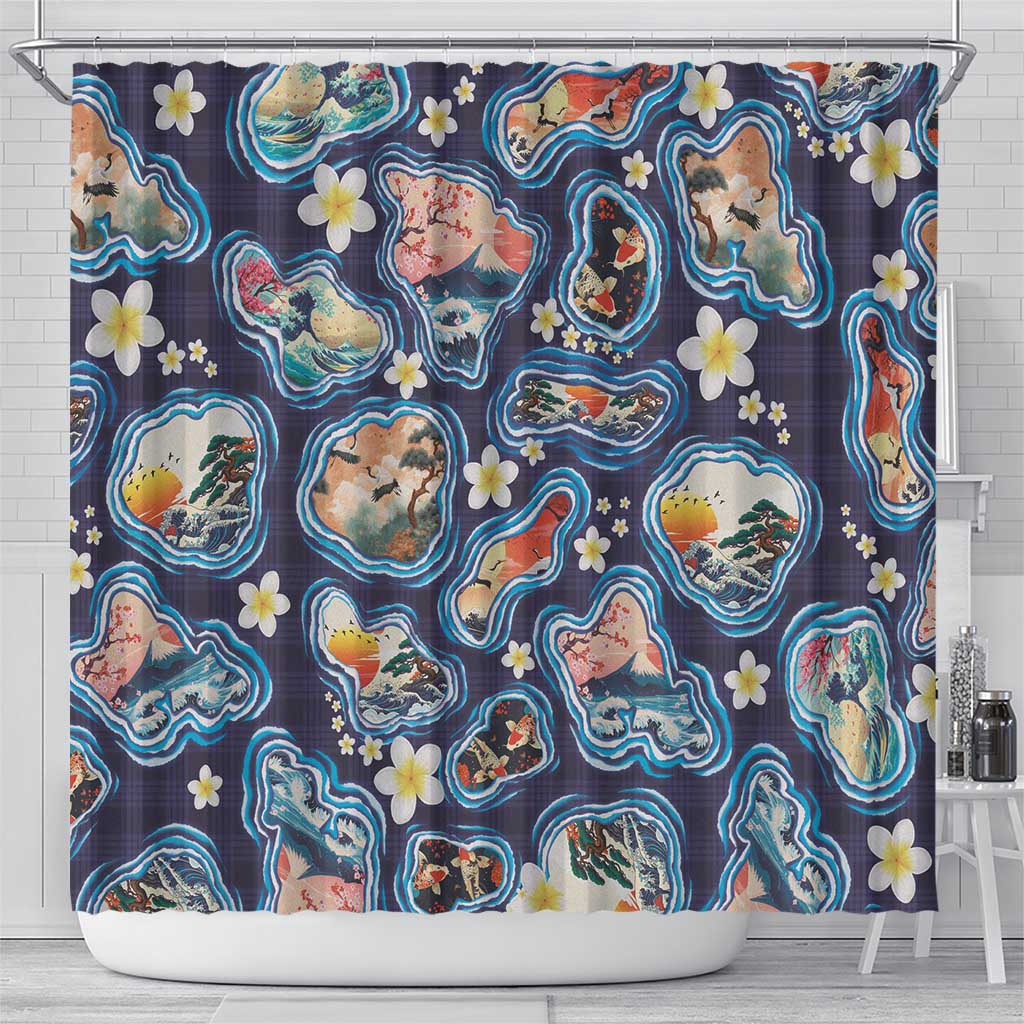 Hawaii Islands Map Design with Japanese Landscape Shower Curtain Hawaiian Japan Fusion Art Navy Color