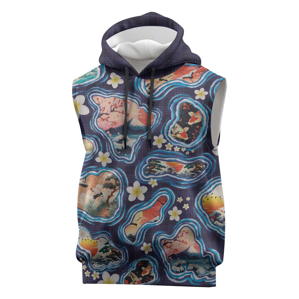 Hawaii Islands Map Design with Japanese Landscape Sleeveless Hoodie Hawaiian Japan Fusion Art Navy Color LT03 Navy - Polynesian Pride