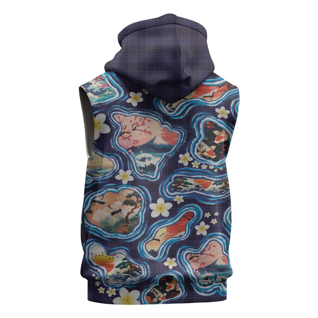 Hawaii Islands Map Design with Japanese Landscape Sleeveless Hoodie Hawaiian Japan Fusion Art Navy Color LT03 - Polynesian Pride