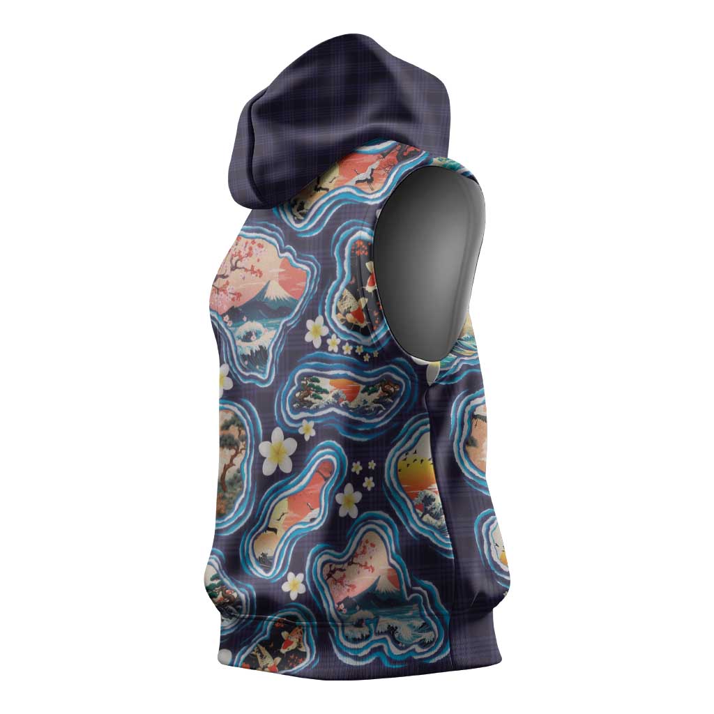 Hawaii Islands Map Design with Japanese Landscape Sleeveless Hoodie Hawaiian Japan Fusion Art Navy Color LT03 - Polynesian Pride