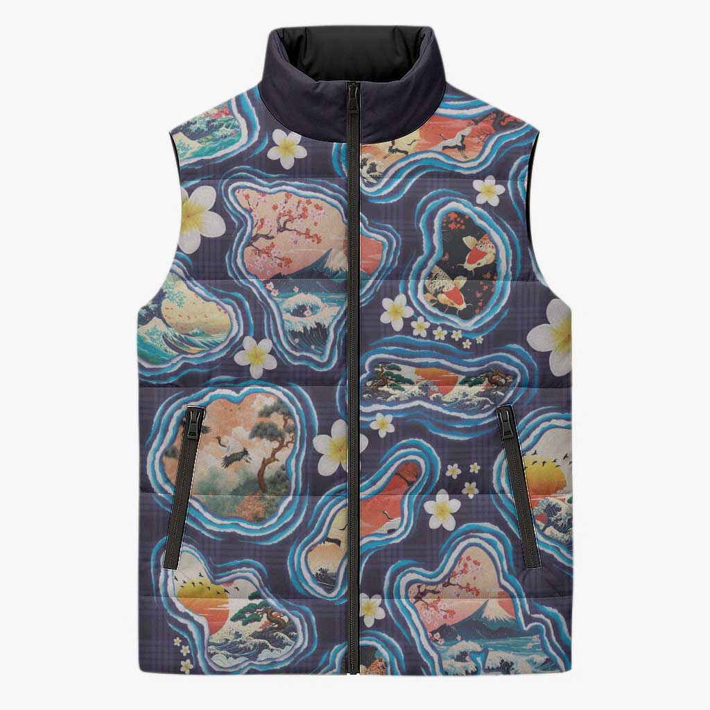 Hawaii Islands Map Design with Japanese Landscape Sleeveless Puffer Jacket Hawaiian Japan Fusion Art Navy Color
