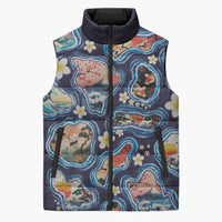 Hawaii Islands Map Design with Japanese Landscape Sleeveless Puffer Jacket Hawaiian Japan Fusion Art Navy Color