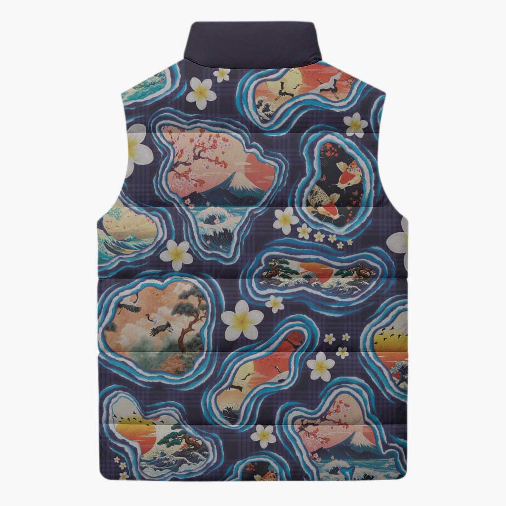 Hawaii Islands Map Design with Japanese Landscape Sleeveless Puffer Jacket Hawaiian Japan Fusion Art Navy Color