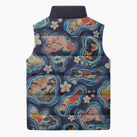 Hawaii Islands Map Design with Japanese Landscape Sleeveless Puffer Jacket Hawaiian Japan Fusion Art Navy Color